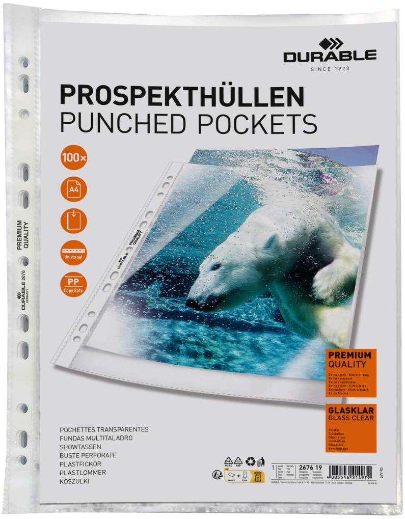 Durable 267619 Prospekthülle Premium Quality, caurspīdīgs, maiss à 100 gabali Durable 267619 Prospekthülle Premium Quality, caurspīdīgs, maiss à 100 gabali