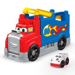 Mega Bloks Fast Tracks Sacīkšu automašīnu transportieris ar skaņām (FVJ01) Mega Bloks Fast Tracks Sacīkšu automašīnu transportieris ar skaņām (FVJ01)