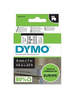 Dymo D1 Standarta etiķetes 6 mm x 7 m melns uz caurspīdīga Dymo D1 Standarta etiķetes 6 mm x 7 m melns uz caurspīdīga