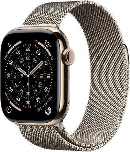 Apple Watch Series 11 GPS + Cellular 42 mm titāns ar nerūsējošā tērauda siksniņu (zelta)