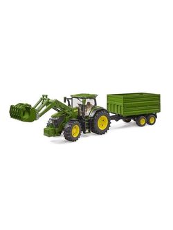 Bruder John Deere 7R 350 ar frontālo iekrāvēju un tandēma ass transporta piekabi Bruder John Deere 7R 350 ar frontālo iekrāvēju un tandēma ass transporta piekabi